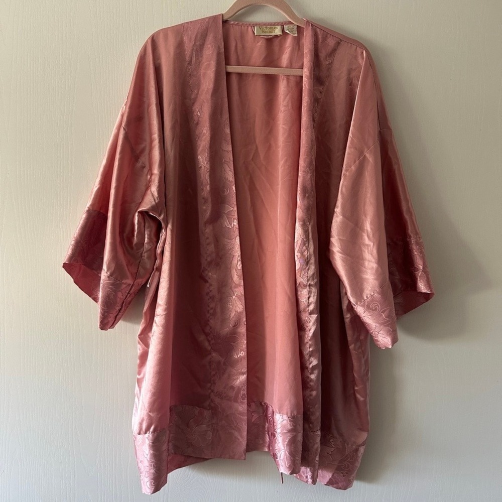 Vintage Victoria's Secret Gold Label Pink Satin Floral Jacquard Kimono Robe OS